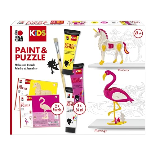 Marabu KiDS Little Artist, 3D Puzzle Set, Motiv Flamingo & Einhorn, Bastelset für Kinder ab 4 Jahren, 2 x 3D Holzpuzzle, Pinsel, 3 x 36 ml Farbe, auswaschbar, vegan, Made in Germany, 0305000000111 Marabu KiDS Little Artist, 3D Puzzle Set, Motiv Flamingo & Einhorn, Bastelset für Kinder ab 4 Jahren, 2 x 3D Holzpuzzle, Pinsel, 3 x 36 ml Farbe, auswaschbar, vegan, Made in Germany, 0305000000111 von Marabu