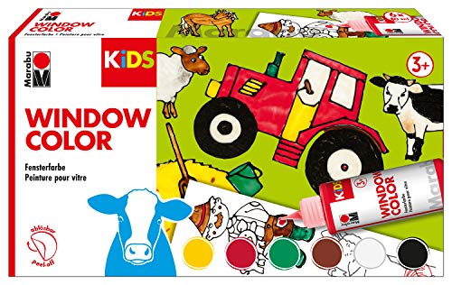 Marabu 0306000000010 - Kids Window Color Farmer mit 6 x 80 ml Farbe, Malvorlage A3 mit 25 Motiven und Folie A4, Fenstermalfarbe auf Wasserbasis, geeignet für Glas, Spiegel, Fliesen und Folie Marabu 0306000000010 - Kids Window Color Farmer mit 6 x 80 ml Farbe, Malvorlage A3 mit 25 Motiven und Folie A4, Fenstermalfarbe auf Wasserbasis, geeignet für Glas, Spiegel, Fliesen und Folie von Marabu
