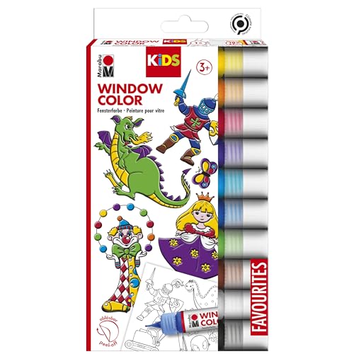 Marabu 0306000000100 - Kids Window Color Set mit 10 x 25 ml Farbe und Malvorlage A4 mit 18 Motiven, Fenstermalfarbe auf Wasserbasis, geeignet für Glas, Spiegel, Fliesen und Folie Marabu 0306000000100 - Kids Window Color Set mit 10 x 25 ml Farbe und Malvorlage A4 mit 18 Motiven, Fenstermalfarbe auf Wasserbasis, geeignet für Glas, Spiegel, Fliesen und Folie von Marabu