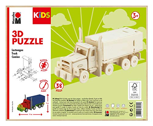 Marabu 317000000004 - KiDS 3D Holzpuzzle Lastwagen, mit 38 Puzzleteilen aus FSC-zertifiziertem Holz, ca. 19 x 8 cm groß, einfache Stecktechnik, zum individuellen Bemalen und Gestalten von Marabu