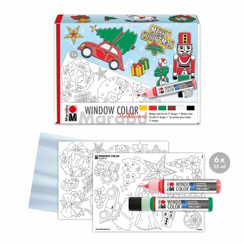 Marabu 0406000013908 - Window Color fun & fancy "XMAS Traditional" Fensterfarbe auf Wasserbasis, 6 Stifte mit je 25 ml Farbe, Malvorlage A3 und Malfolie A4 von Marabu