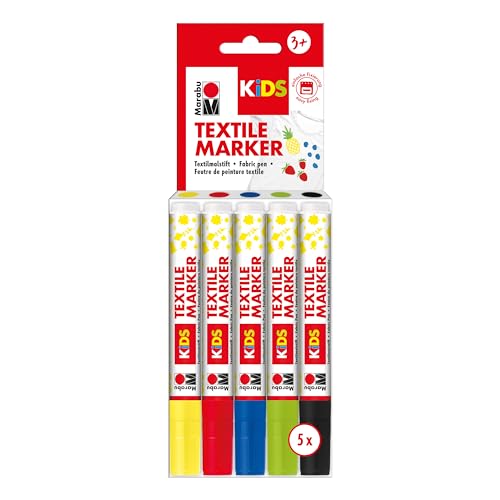 Marabu 043000200 - Textil-/Stoffmalstifte für Kinder in leuchtenden Farben, für helle Stoffe, bis 60° waschbar, 5er Set von Marabu
