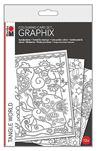 Marabu 1612000000302 - Graphix Colouring Card Set, Tangle World, ideale Grundlage für kreative Entspannung, 12 Postkarten zum Ausmalen von Marabu