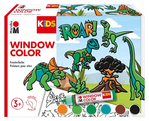 Marabu 306000000004 - KiDS Window Color Set "Dinosaurier", 6 x 25 ml Fensterfarbe auf Wasserbasis, 2 Malvorlagen in A3 und A4, 30 Motive, für Kinder ab 3 Jahren von Marabu