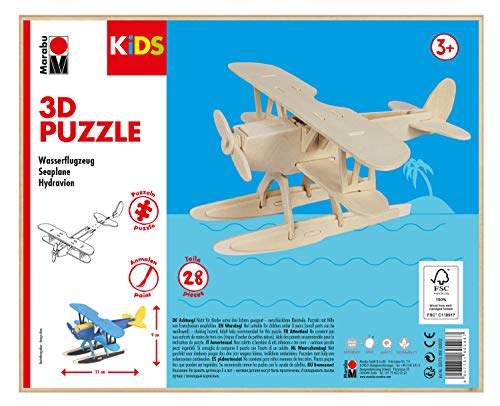 Marabu 317000000002 - KiDS 3D Holzpuzzle Wasserflugzeug, mit 28 Puzzleteilen aus FSC-zertifiziertem Holz, ca. 21 x 9 cm groß, einfache Stecktechnik, zum individuellen Bemalen und Gestalten von Marabu