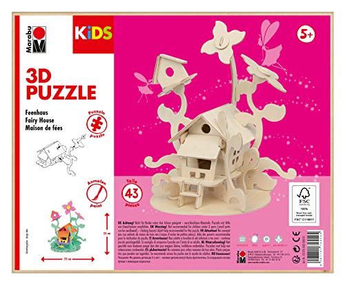 Marabu 317000000010 - KiDS 3D Holzpuzzle Feenhaus, mit 43 Puzzleteilen aus FSC-zertifiziertem Holz, ca. 21 x 23 cm groß, einfache Stecktechnik, zum individuellen Bemalen und Gestalten von Marabu