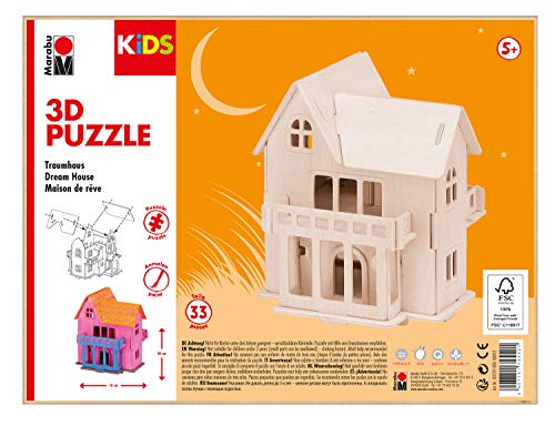 Marabu 317000000012 - KiDS 3D Holzpuzzle Traumhaus, mit 33 Puzzleteilen aus FSC-zertifiziertem Holz, ca. 16 x 20 cm groß, einfache Stecktechnik, zum individuellen Bemalen und Gestalten von Marabu