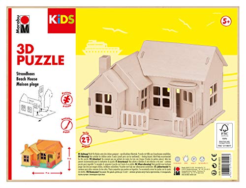 Marabu 317000000013 - KiDS 3D Holzpuzzle Strandhaus, mit 27 Puzzleteilen aus FSC-zertifiziertem Holz, ca. 19 x 14 cm groß, einfache Stecktechnik, zum individuellen Bemalen und Gestalten von Marabu