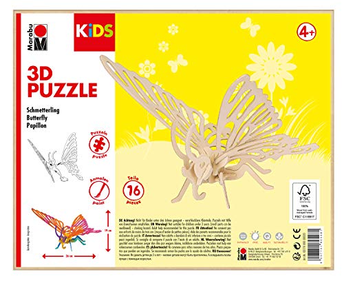 Marabu 317000000020 - KiDS 3D Holzpuzzle Schmetterling, mit 16 Puzzleteilen aus FSC-zertifiziertem Holz, ca. 26 x 19 cm groß, einfache Stecktechnik, zum individuellen Bemalen und Gestalten von Marabu