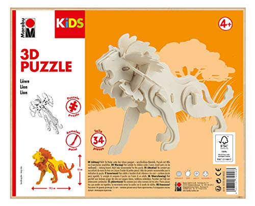 Marabu 317000000022 - KiDS 3D Holzpuzzle Löwe, mit 34 Puzzleteilen aus FSC-zertifiziertem Holz, ca. 19,5 x 13 cm groß, einfache Stecktechnik, zum individuellen Bemalen und Gestalten von Marabu