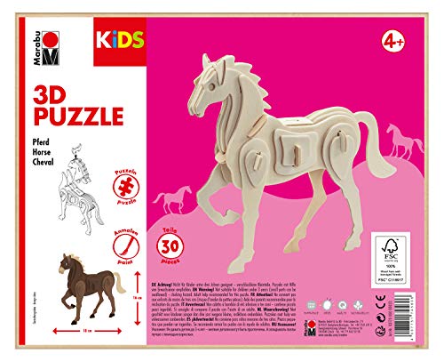 Marabu 317000000023 - KiDS 3D Holzpuzzle Pferd, mit 30 Puzzleteilen aus FSC-zertifiziertem Holz, ca. 18 x 16 cm groß, einfache Stecktechnik, zum individuellen Bemalen und Gestalten von Marabu