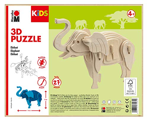 Marabu 317000000024 - KiDS 3D Holzpuzzle Elefant, mit 27 Puzzleteilen aus FSC-zertifiziertem Holz, ca. 16 x 13 cm groß, einfache Stecktechnik, zum individuellen Bemalen und Gestalten von Marabu