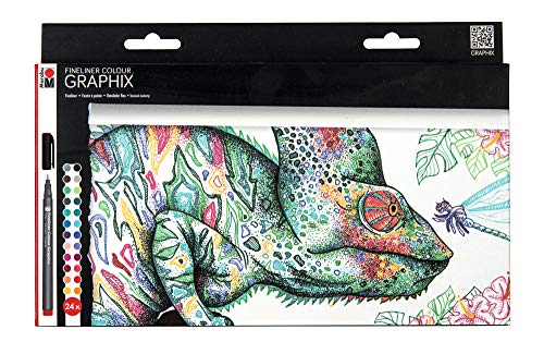 Marabu 0146000000103 - Fineliner Graphix, Set Hypnotize, 24 brillante Farben, Strichstärke ca. 0,5 mm, wasserbasierte Pigmenttusche, metallgefasste Kunststoffspitze von Marabu