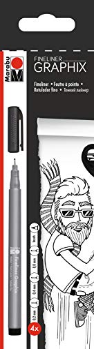 Marabu 0146000000101 - Fineliner Graphix, 4 Stifte in schwarz mit Strichstärken 0,2 mm, 0,4 mm, 0,8 mm und brush, brillante Farbe, wasserbasierte Pigmenttusche, metallgefasste Kunststoffspitze von Marabu