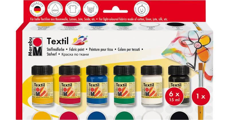 Starterset Textilfarbe helle Stoffe, 6 x 15 ml + Pinsel  Kinder von Marabu