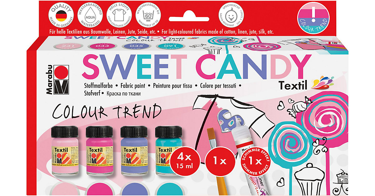 Stoffmalfarbe SWEET CANDY, 4 x 15 ml inkl. Pinsel & Fashionliner Stoffmalfarbe SWEET CANDY, 4 x 15 ml inkl. Pinsel & Fashionliner von Marabu