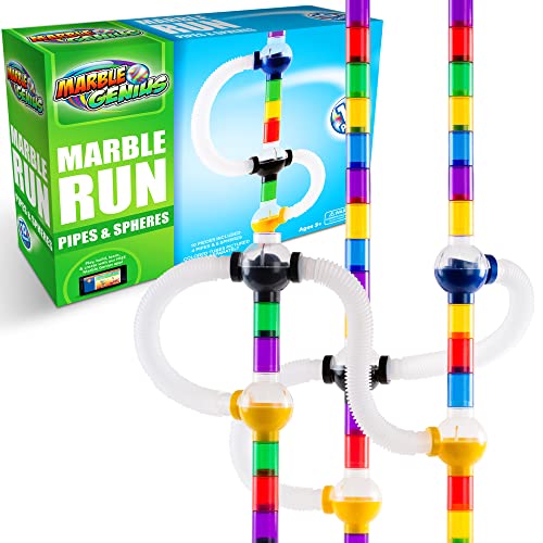 Marble Genius Marble Run Pipes & Spheres Zubehör-Zusatzset – insgesamt 10 Teile (4 Rohre, 1 Rampenkugel, 1 Wechselkugel, 1 gerade Kugel und 3 Rohrkugeln), mit Anleitungs-App-Zugriff von Marble Genius