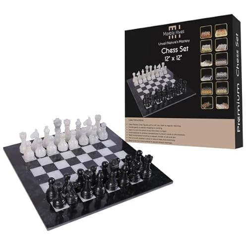 12 Zoll Luxus Marmor Schachset - Schachbretter für Erwachsene - Klassische Schachsets für Erwachsene mit handgefertigtem Steinbrett & Marmorschachfiguren - Ideal für Wohnkultur (Schwarz & Weiß) von Marble Hives