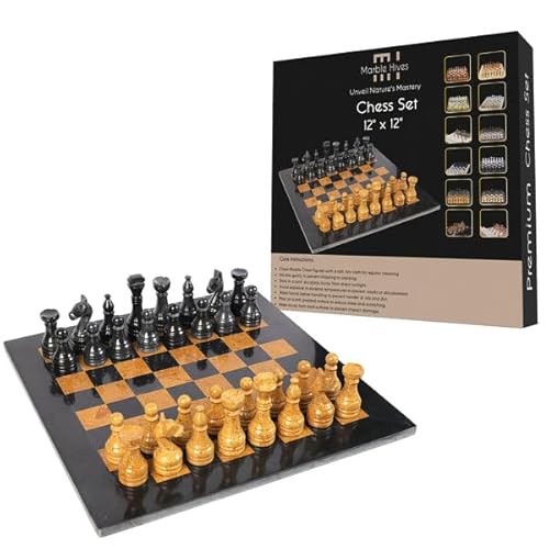 Handgefertigtes Marmor-Schachset - Schwarz & Angori (30,5 x 30,5 cm) - Schachsets für Erwachsene - Schachbretter in Premium-Qualität - Fancy Chess Boards (Black and Golden) von Marble Hives