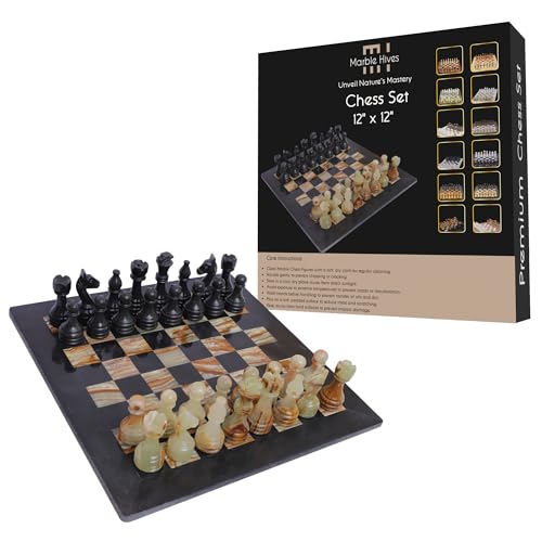 Handgefertigtes Marmor-Schachset - Schwarz & Angori (30,5 x 30,5 cm) - Schachsets für Erwachsene - Schachbretter in Premium-Qualität - Fancy Chess Boards (Black & Onyx Green) von Marble Hives