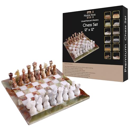 Handgefertigtes Marmor-Schachset - Schwarz & Angori (30,5 x 30,5 cm) - Schachsets für Erwachsene - Schachbretter in Premium-Qualität - Fancy Chess Boards (Green & White) von Marble Hives