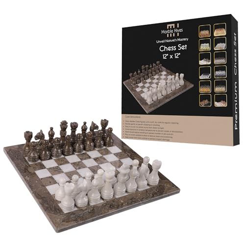 Handgefertigtes Marmor-Schachset - Schwarz & Angori (30,5 x 30,5 cm) - Schachsets für Erwachsene - Schachbretter in Premium-Qualität - Fancy Chess Boards (Grey Oceanic and White) von Marble Hives