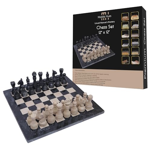 Handgefertigtes Marmor-Schachset - Schwarz & Angori (30,5 x 30,5 cm) - Schachsets für Erwachsene - Schachbretter in Premium-Qualität - Fancy Chess Boards von Marble Hives