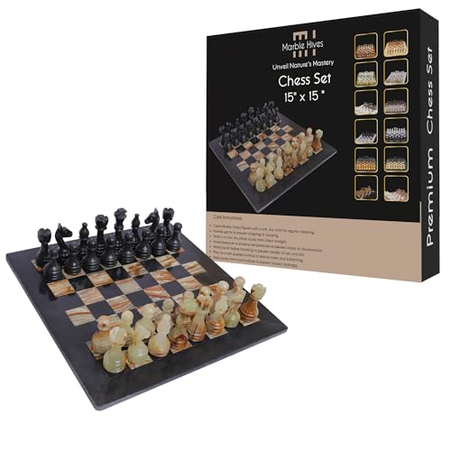 Handgefertigtes Marmor-Schachset - Schwarz & Onyx (15 x 15 Zoll) - Schachsets für Erwachsene - Schachbretter in Premiumqualität - Schicke Schachbretter (15 x 15 ohne Dame, Schwarz & Grün) von Marble Hives