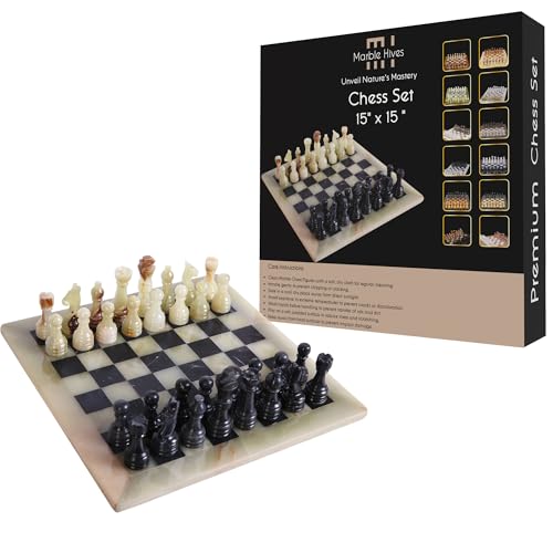 Marble Hives 15 Zoll Luxus Chess Set - Schachbretter für Erwachsene - Klassische Schachsets für Erwachsene mit handgefertigtem Steinbrett & Schachfiguren (Angori & Black) von Marble Hives