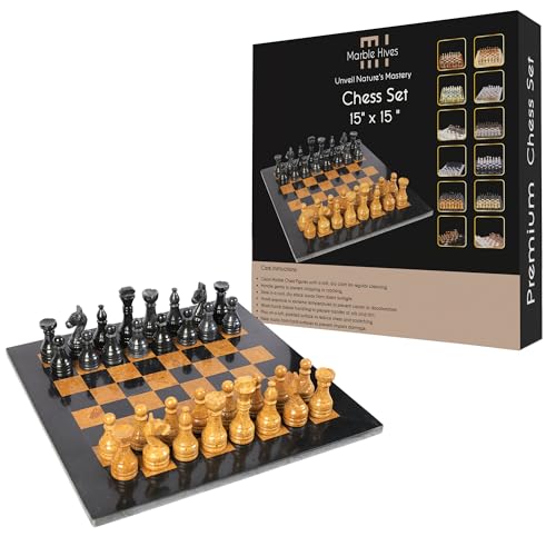 Marble Hives 15 Zoll Luxus Chess Set - Schachbretter für Erwachsene - Klassische Schachsets für Erwachsene mit handgefertigtem Steinbrett & Schachfiguren (Black & Golden) von Marble Hives