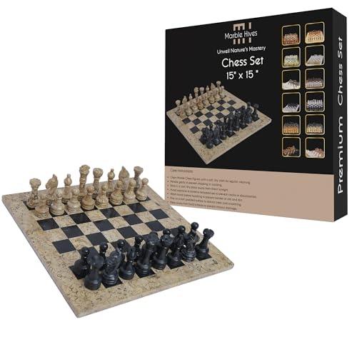 Marble Hives 15 Zoll Luxus Chess Set - Schachbretter für Erwachsene - Klassische Schachsets für Erwachsene mit handgefertigtem Steinbrett & Schachfiguren (Coral & Black) von Marble Hives