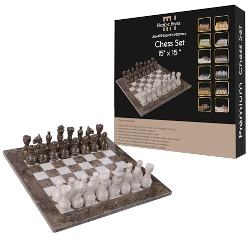 Marble Hives 15 Zoll Luxus Chess Set - Schachbretter für Erwachsene - Klassische Schachsets für Erwachsene mit handgefertigtem Steinbrett & Schachfiguren (Grey & White) von Marble Hives