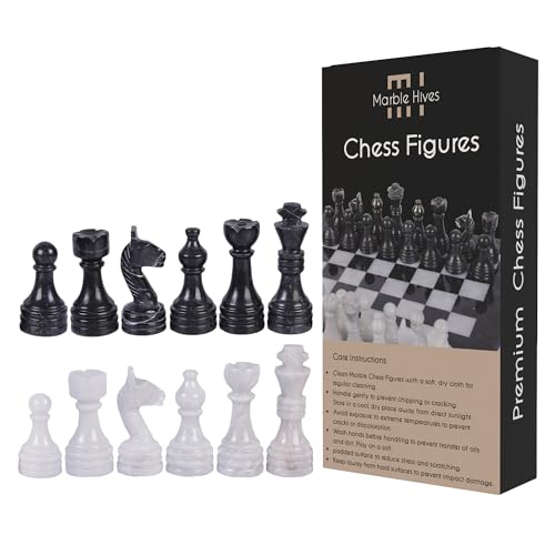 Marmor-Schachfiguren – Komplett-Set mit gewichteten Marmor-Teilen, 40,6 x 40,6 cm große Marmor-Schachbrett-Kompatibilität, zeitlose Eleganz in Schachfiguren, Stein (Schwarz & Weiß) von Marble Hives