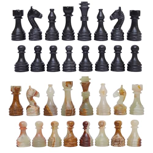 Schachfiguren - Komplettset mit gewichteten Marmorstücken 12 x 12 Marmor Schachbrett Kompatibilität | Zeitlose Eleganz in Schachfiguren Stein (Schwarz & Onyx Grün) von Marble Hives