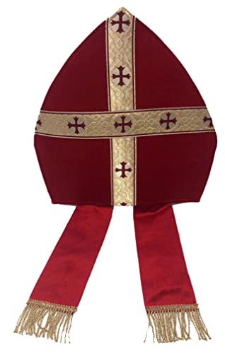 Marco Porta Mitra Nikolaus Bischofsmütze Bischof rot gold aus Samt, mit Bändern von Marco Porta