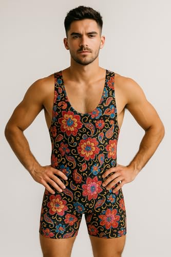 Retro Blumenmuster Ringeranzug, Herren Bodysuit für Mottoparty, Schwarz-Rot mit Paisley Design, 80er Jahre Stil Retro Blumenmuster Ringeranzug, Herren Bodysuit für Mottoparty, Schwarz-Rot mit Paisley Design, 80er Jahre Stil von Marco Porta