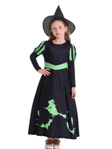 Marendyee Elphaba-Kostüm für Mädchen, Cosplay, Hexenkostüm, schwarzer Hut (7–8 Jahre) von Marendyee