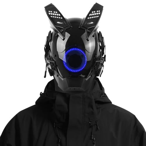 Marikito Punk helmet mit LED-Blaulicht & DIY-Anhänger-Set – Halbmaske für Techwear-Kostüme, Elektrische Maske mit Neon-Details und DJ-tauglichem Style von Marikito