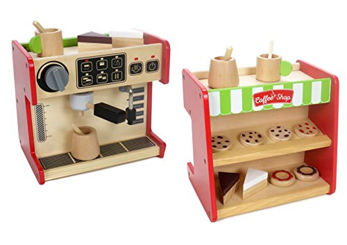 Kaufladen Holz, Kaffeemaschine Kaffeevollautomat mit Drehschalter, Torten, Kuchen, Becher und Kanne mit Rührstab von Marionette Wooden Toys