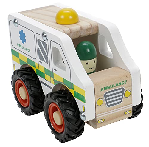 Marionette Wooden Toys Kinderspielzeug Holzauto mit Fahrer, bunt lackiert, mit leisen leicht rollenden Kunststoffreifen, Größe ca. 12,5 x 7,5 x 10 cm (Krankenwagen) von Marionette Wooden Toys