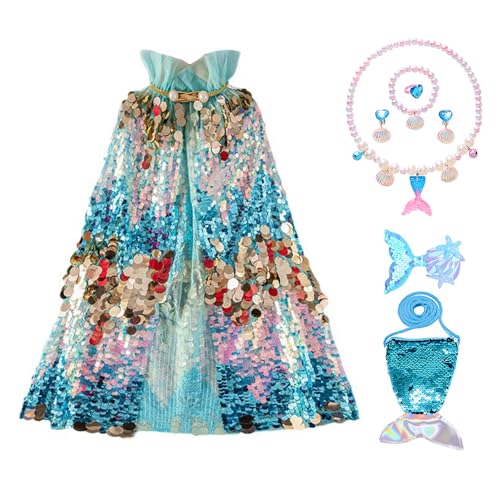 MarsVook Meerjungfrauen-Umhang mit glitzernden Pailletten, Umhang mit Zubehör für Cosplay, Geburtstagsgeschenk, 63,5 cm Länge (Blau A) von MarsVook