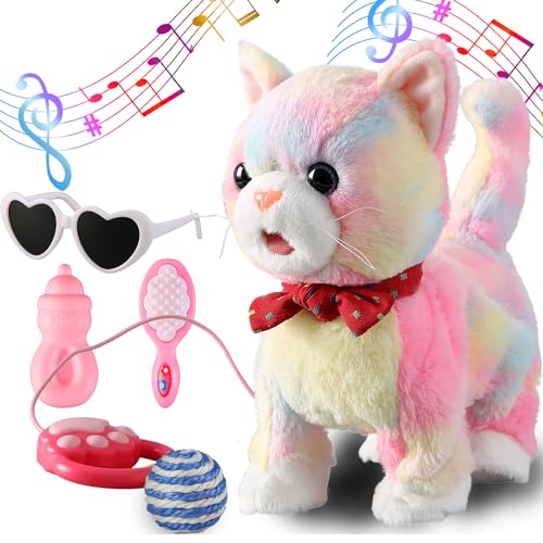 Buntes Leine-Set für laufende Katzen, singend, das schnurrt und miaut, Zunge herausstrecken, animiertes Plüschroboter-Kätzchen, Haustier, bewegliches Plüschtier, realistisches Stofftier, Obotic Kitty von Marsjoy