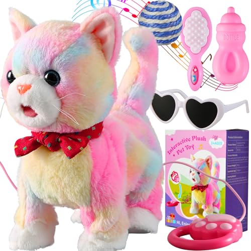 Buntes Leine-Set für laufende Katzen, singend, das schnurrt und miaut, Zunge herausstrecken, animiertes Plüschroboter-Kätzchen, Haustier, bewegliches Plüschtier, realistisches Stofftier, Obotic Kitty von Marsjoy