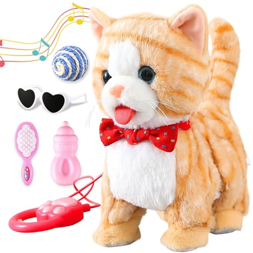 Gemusterte gelbe Leine zum Spazierengehen, interaktiv, sprechende Katze, singend, tanzend, Kätzchen, Nachahmung, Wiederholung, was Sie sagen, Kitty Touch und Sprachsteuerung, Wackelschwanz, Plüsch von Marsjoy