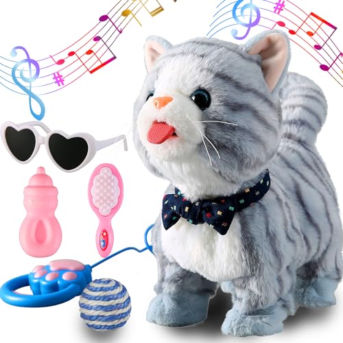 Marsjoy Blaue Leine, laufendes Katzenset, singend, das schnurrt und miaut, Zunge herausstreckt, animierter Plüschroboter, Kätzchen, Haustier, bewegliches Plüschtier, realistisches Stofftier von Marsjoy