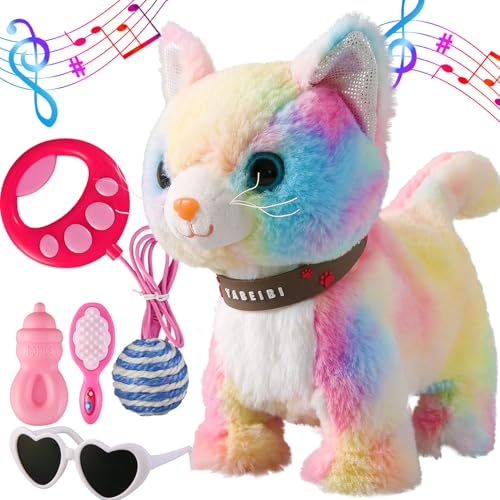 Marsjoy Colorful Leash Walking Cat Set Singing That Purrs and Meows Animated Plush Robot Kitten Moving Plush Realistic Stuffed Animal Remote Control Cute Kawai Robotic Kitty Toy for Girl von Marsjoy