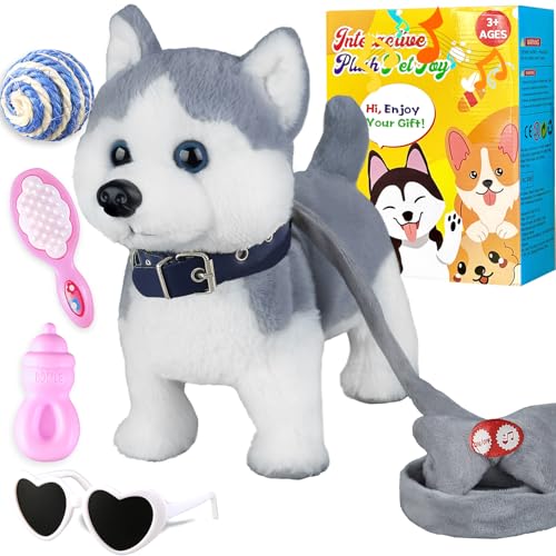 Marsjoy Husky Spielzeug Hund Ostern Geschenke für Kinder Haustier Hund Spielzeug Mädchen Junge Interaktives Plüschtier mit Gehen,Bellen,Schwanzwedeln, Singen Funktion von Marsjoy