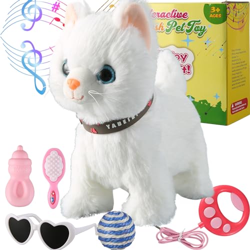 Marsjoy Weiße Leine, laufende Katze, singend, schnurrt und miaut, animiertes Plüschroboter-Kätzchen, Haustier, bewegliches Plüschtier, realistisches Stofftier von Marsjoy