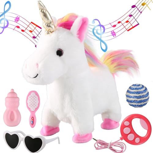 Marsjoy Weißes laufendes Einhorn-Spielzeugset, singendes, tanzendes elektronisches Plüsch-Einhorn mit Leine, Touch-Steuerung, realistische Schritte, Nicken, Schwanzwedeln, so tun, als würde man sich v von Marsjoy