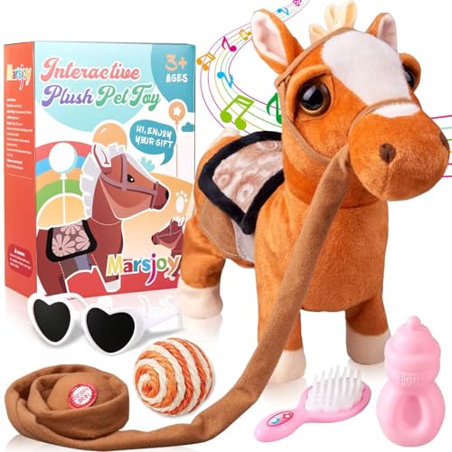 Marsjoy Braun Plüschtier Interaktives Pony Spielzeug Pferd der Läuft und Bellt, Kinder Mädchen Spielzeug, Elektronisches Haustier Plüschtier mit Gehen, Bellen Singen Funktion Lauf- und Soundfunktion von Marsjoy